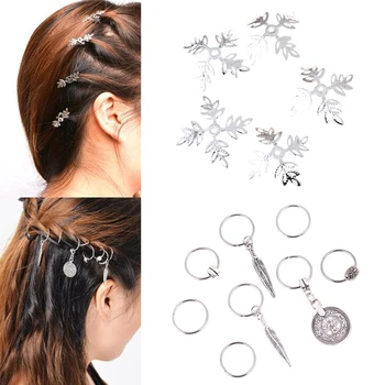

3 Styles Hair Clip Headband Accessories For Pierced Braid Women Girls Retro Coin Colorful Beads Pendant Charms Rings Set