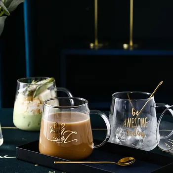 

Beautiful Borosilicate Glass Coffee Mugs With Handle Spoon Transparent Clear High Boron Glass Tea Cups Middle Vacuum Mug