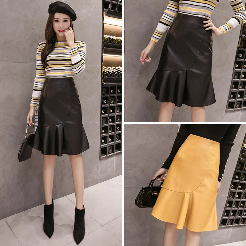 

2018 Autumn And Winter Korean-style High-waisted Mid-length Pu Washing Water Skirt Women's Slimming Skirt