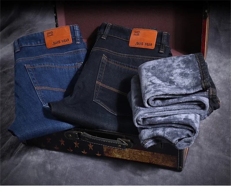 Зимние теплые мужские синие и черные джинсы, плотные Стрейчевые прямые джинсы из денима, мужские хлопковые брюки, большие размеры 40 42 44037