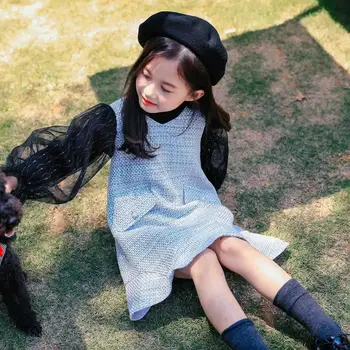 

2019 Autumn new Korean childrens clothing girls dress Slant pocket lace vest dress wild princess dress modis kids vestidos Y1826