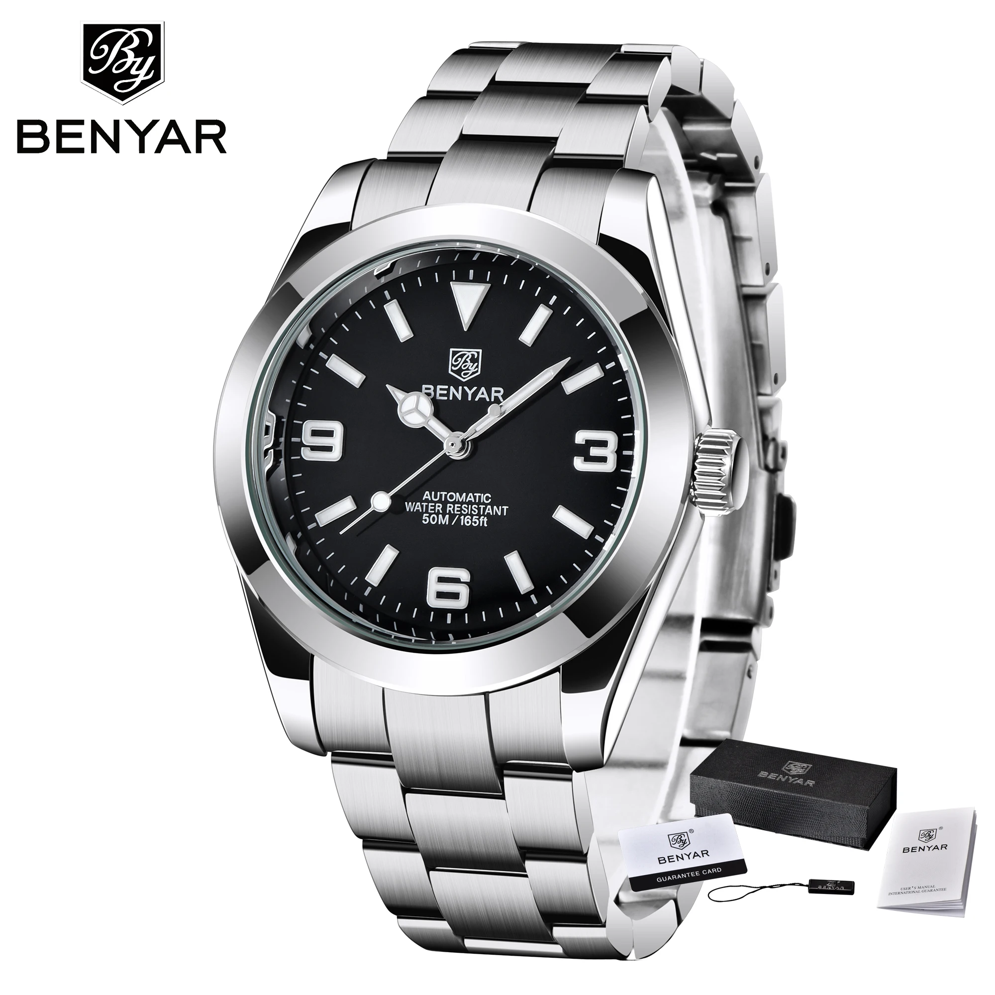 

BENYAR DESIGN Latest Men's Watch Silver Black Folding Buckle Clock Stainless Steel Automatic Mechanical WatchSports watch