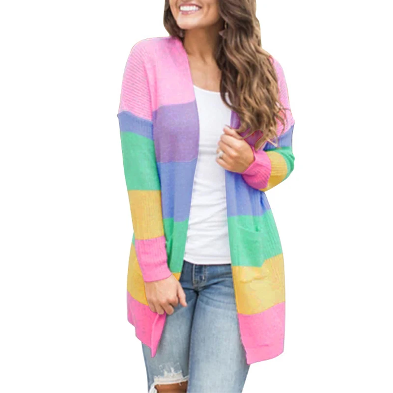 Women Sweaters Cardigan Autumn New 2019 Long Sleeve Loose Multi-Colors Stripe Casual Fashion High Quality |