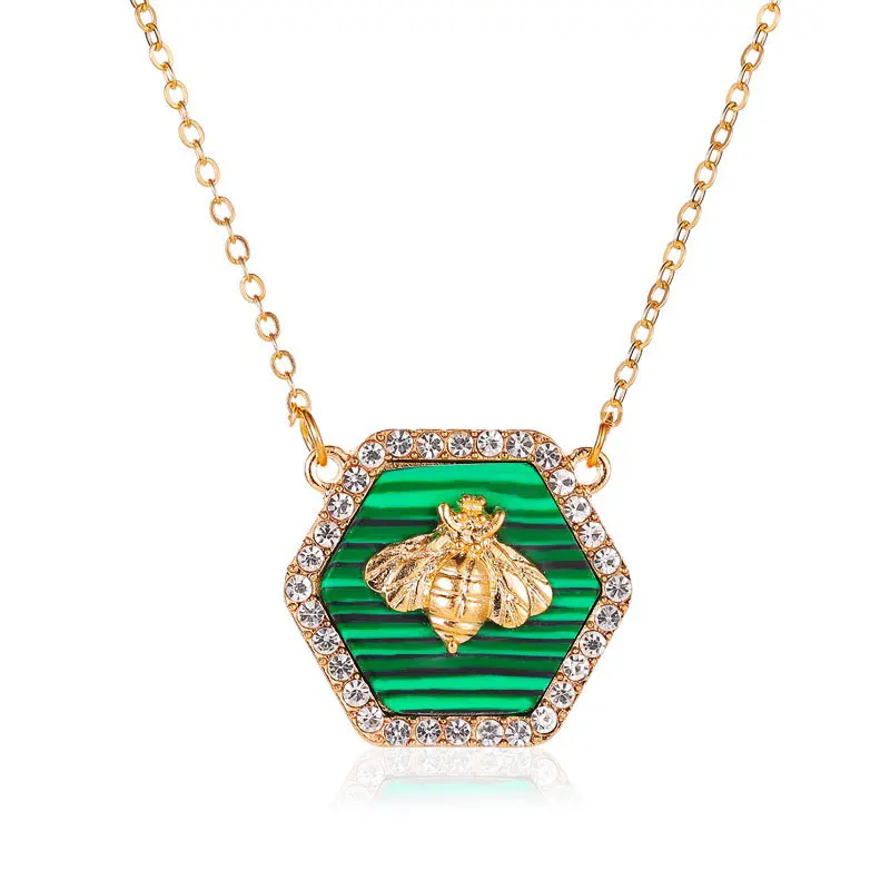 

WANGAIYAO new fashion alloy inlaid zircon bee necklace temperament hexagon geometric necklace emerald gemstone clavicle chain