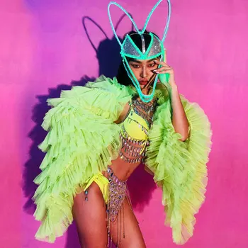 

Fluorescent green Bikini Women Costume set Jacket body chain Nightclub Bar Stage Outfits Model Catwalk DJ Performance Dance Wear