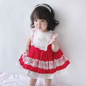 

2020 Spain Kids Clothes Summer Girls Spanish Dresses Baby Lotia Red Lace Ball Gowns Infant Birthday Outfits Baby Baptism Frocks
