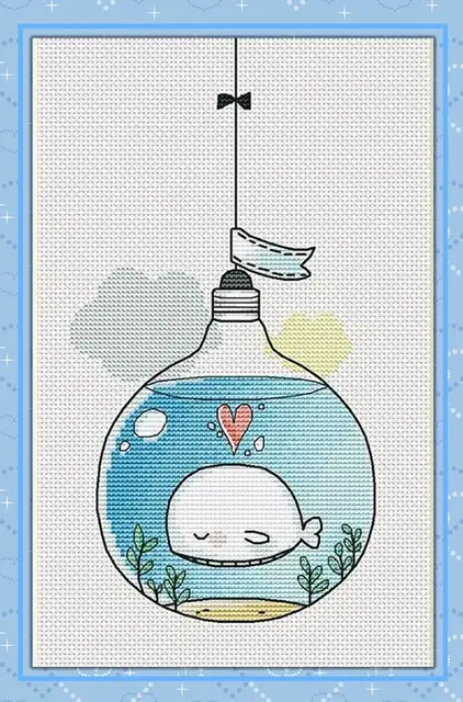 ZZ MM  Counted Cross Stitch Kit Fan blowing a fan Handmade Needlework For Embroidery 14ct Cross Stitch Whale in a light bulb 1