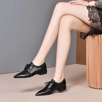 

MLJUESE 2020 women pumps autumn spring soft cow leather lace up pointed toe black color low heels lady shoes size 41 party