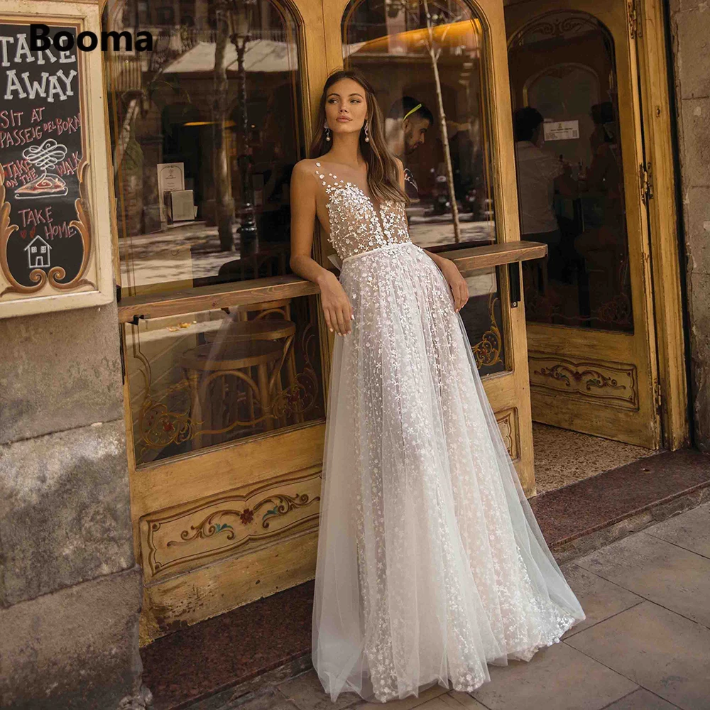 Booma Delicate Lace Beach Wedding Dresses Plunging Neckline Illusion Boho Bride Dresses Bow Back A-Line Tulle Wedding Gowns wedding dresses