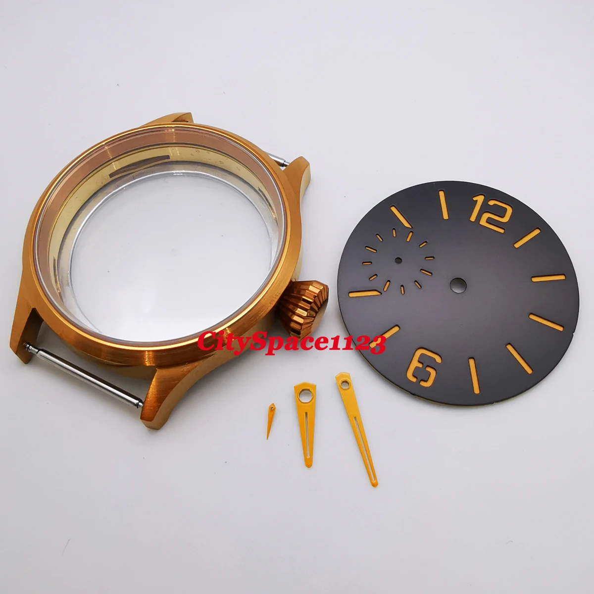 

Watch Parts Brass Coated 43mm Sapphire Watch Case Sterile Dial Hands fit ETA 6497 st3600 Hand Winding Movement