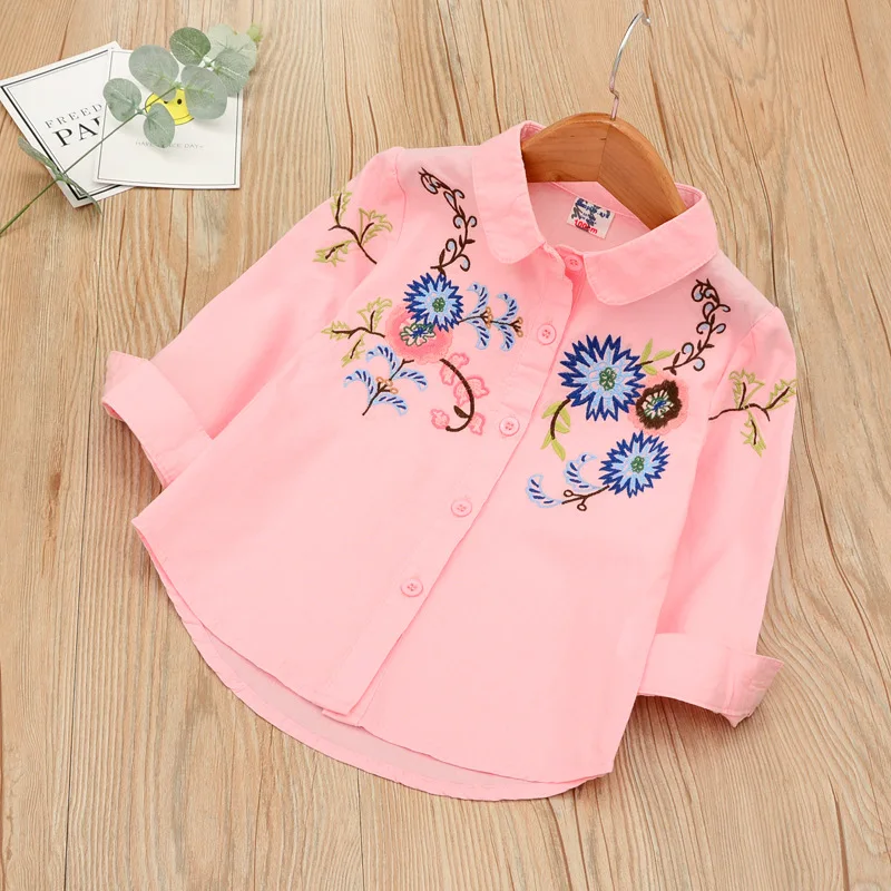 Spring New Style Flower Embroidered GIRL'S Long-sleeved Shirt Fold-down Collar Shirt Childrenswear 1e13