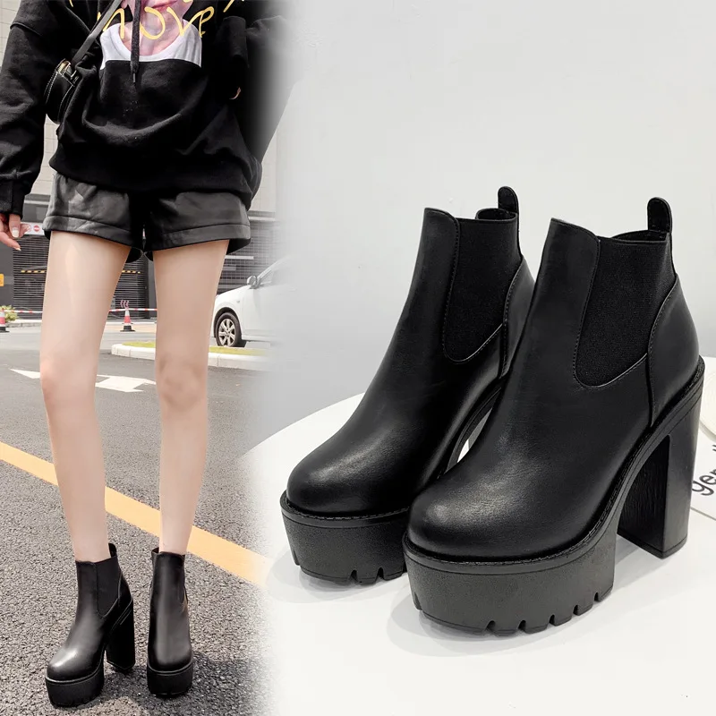 

Bootee Woman 2019 Round Toe Lace Up Boots Clogs Platform Chunky Heel Women's Rubber Shoes Rain Booties Ladies Luxury Designer