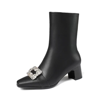 

Women boots Fashion Winter Fall 2021 Genuine Leather Ankle Boots For Women crystal Female Office Lady Working Motorcycle Boots