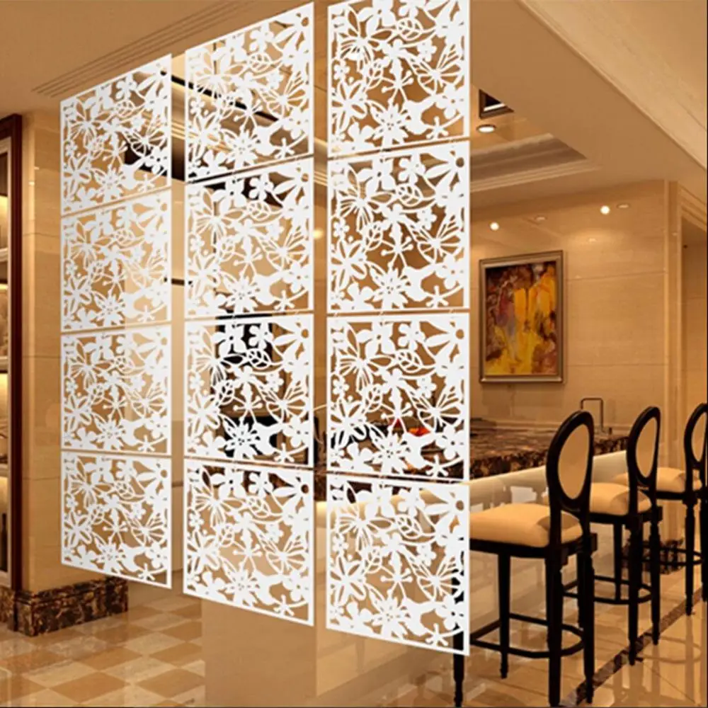 8 Pieces White Bird Flower Hanging Room Divider, Safety PVC Panel Screen, for Living Dining Room Hotel Decoration