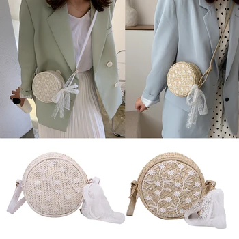 

Elegant Straw Woven Lace Round Shoulder Bags Women Girls Vintage Casual Crossbody Messenger Bags