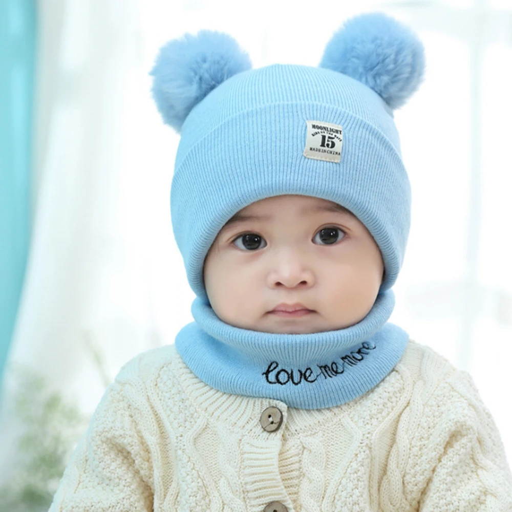LOOZYKIT Baby Hat Winter 2Pcs Toddler Baby Girls Boys Solid Hat Winter Warm Knitted Beanie Cap+Scarf Keep Warm Set Kids Cap - Цвет: Style3 blue