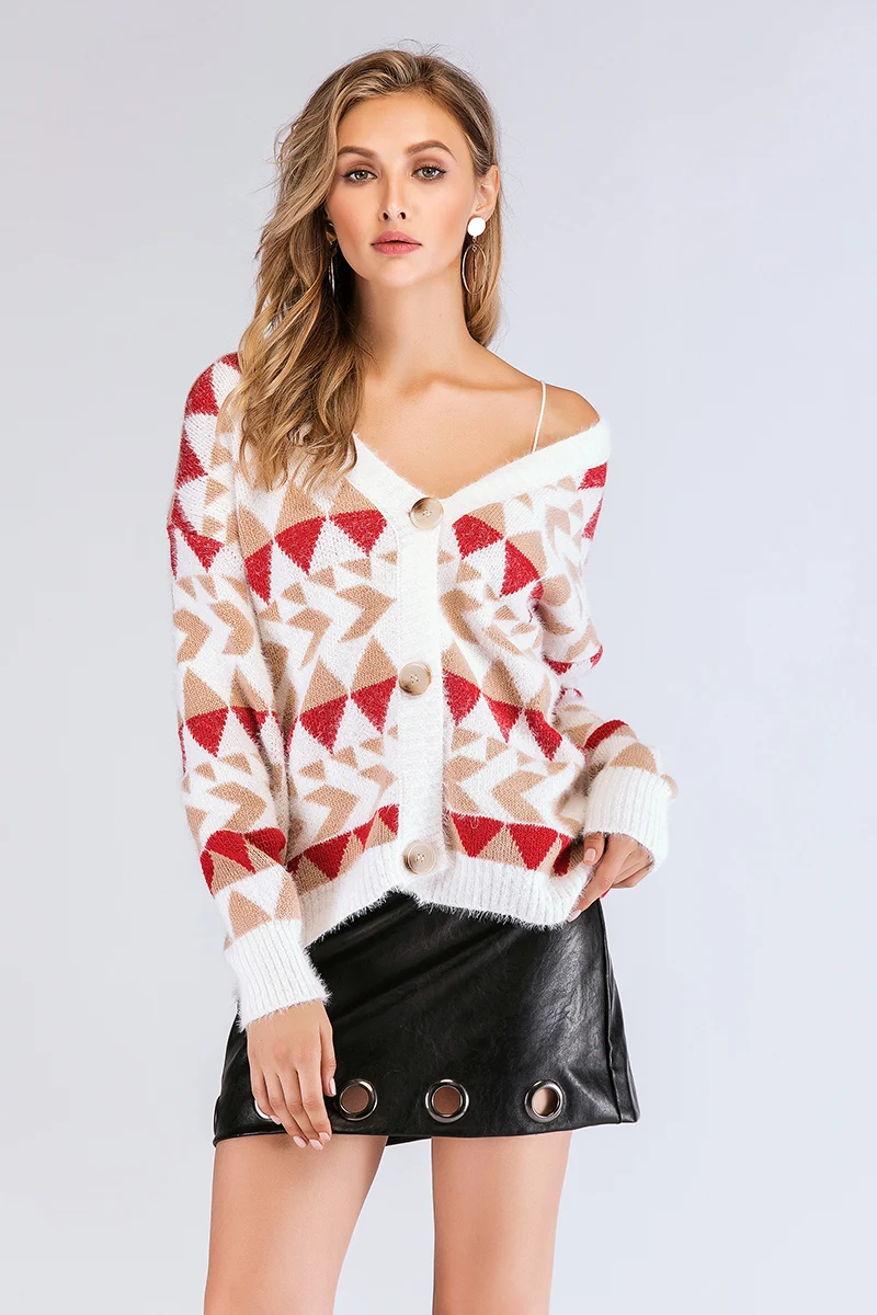 

CMAZ 2019 Autumn Winter Women's Cardigans Sweater Fashion Grometric Print Single-breasted V-neck Long Sleeve Female Sweater A179