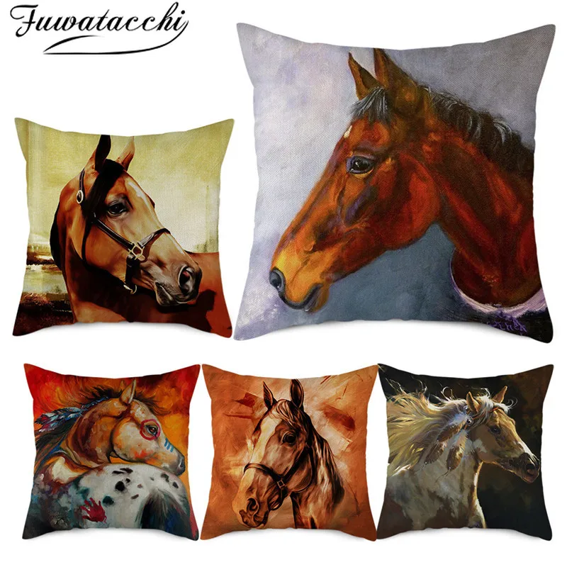 

Fuwatacchi Beige Linen Cushion Cover Wide Variety of Horses Pattern Love Pillow Cover for Home Chair Sofa Decorative Pillowcases