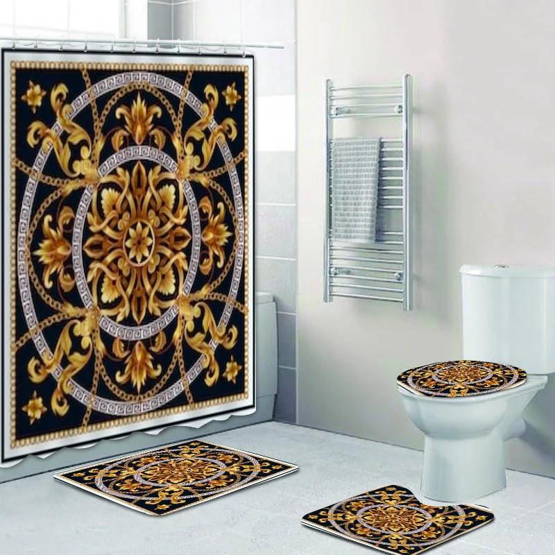

4PCS Black Golden Baroque Shower Curtains Bath Curtains for Bathroom Antique Greek Key Gold Chain Toilet Cover Mats Rugs Carpet