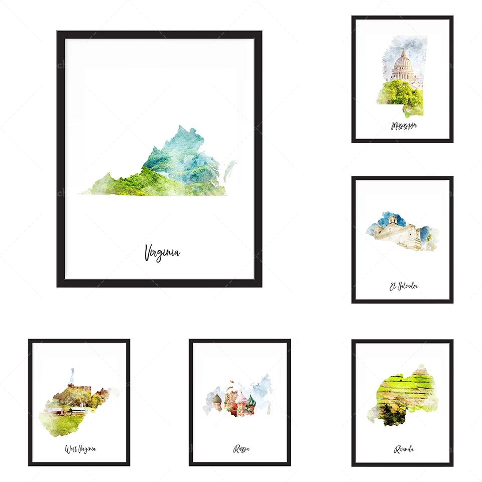 Marsupio Aquarelle Carte Imprimer-Etat, Carte Paga, Carte, Voyage, Impression, Affiche Murale Art Home Decor Grand Mur Ar