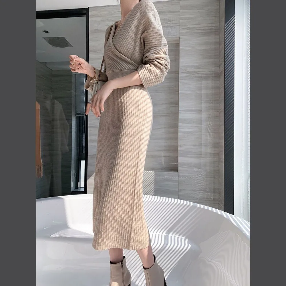 Knitted Sweater Dress Women Autumn Winter New V-neck With Long Slim Knit  Dresses Female High Waist Elegant Evening Party Dress - AliExpress