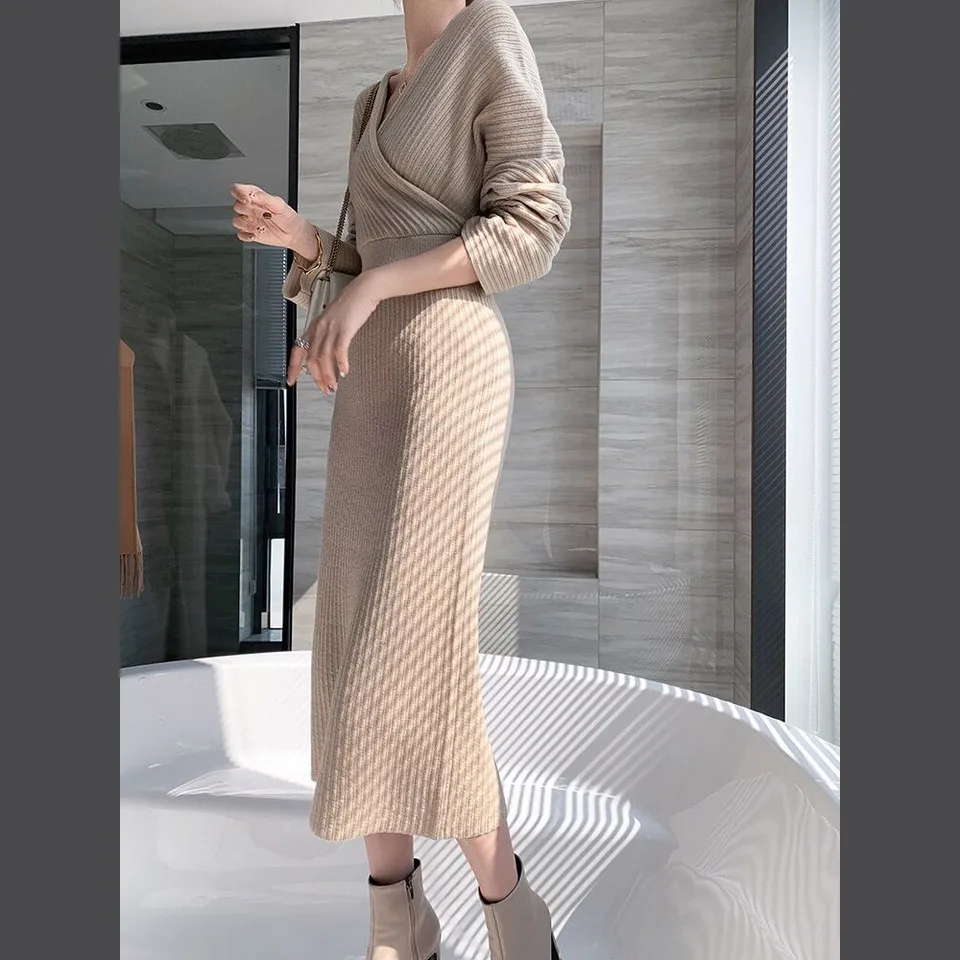 Robe Pull Femme Zeagoo En Tricot - Manches Longues Trompette, Col En V, Uni, Mi-longue Pour L'hiver