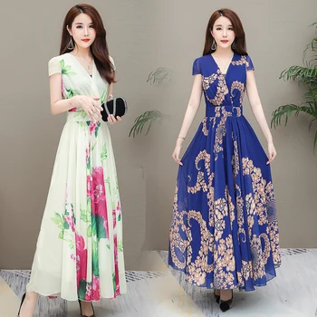 

2020 Summer Vintage Short Sleeve V-Neck Dresses Chiffon Flower Elegant White Dress Women Blue Clothes