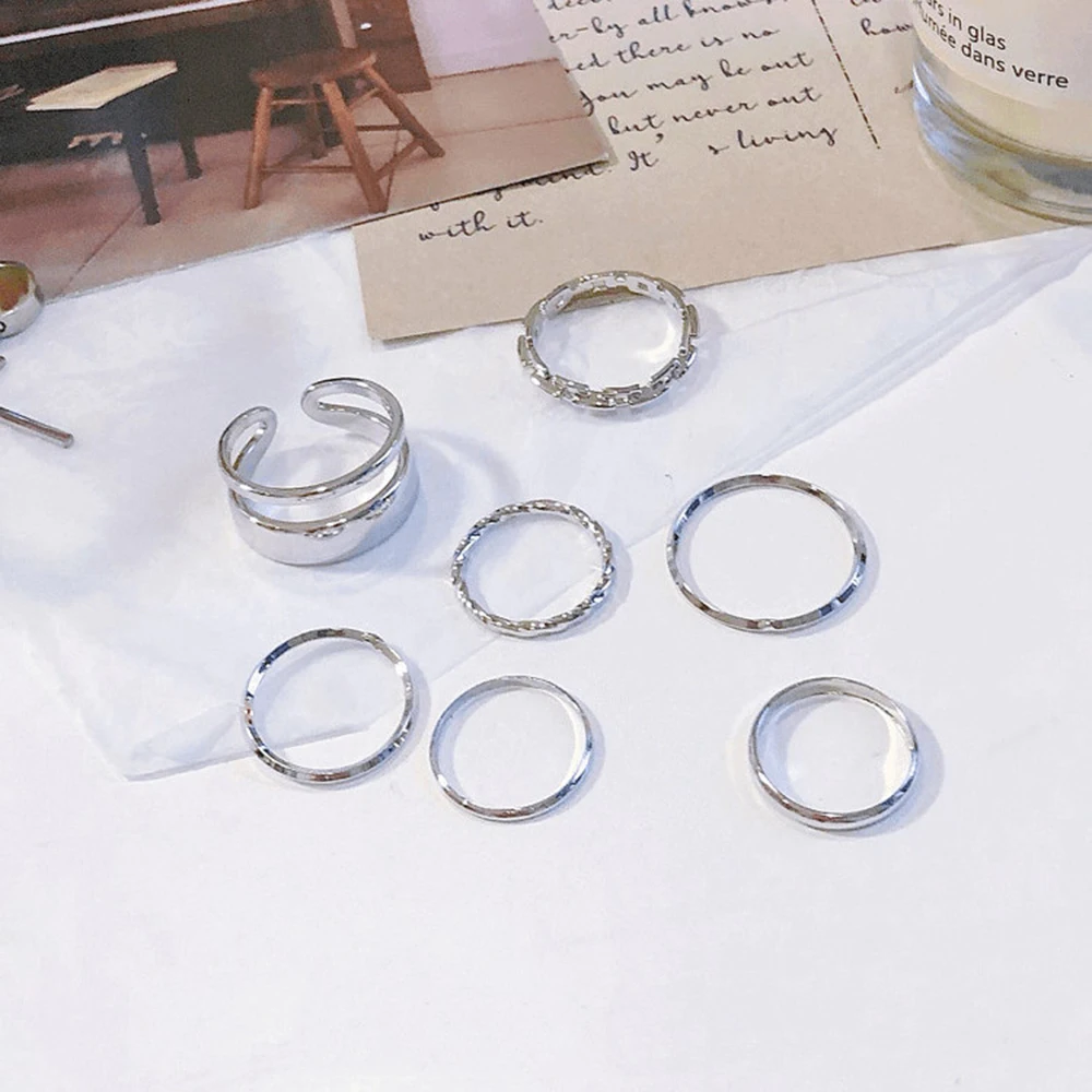 Ring Set 7PCS/SET Korea Fashion Mixed Minimalist Geometric Round Metal Open For Women