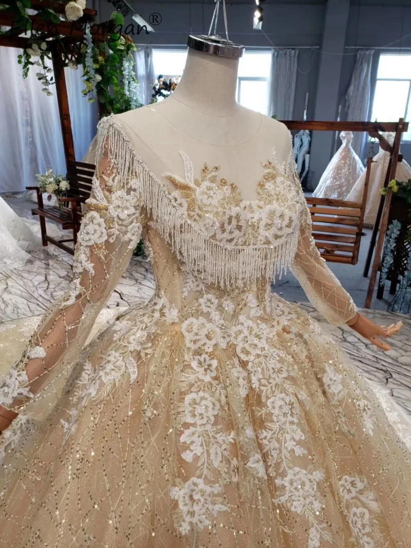 Vestidos De Novia Роскошные Блестящие Свадебные платья 2019 кружева длинный рукав с вырезом и аппликацией бусинки блестки формальные Бальные платья