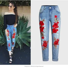 Европейские& Ameircan женские рваные джинсы в стиле кэжуал модные вышитые размера плюс XXXL джинсовые штаны