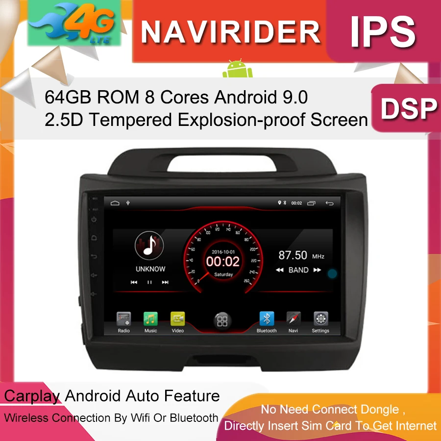 Автомобильный мультимедийный плеер 9 дюймов ips экран монитор gps магнитофон Bluetooth Android 9,0 для KIA Sportage 2010-2012 Авто Аудио