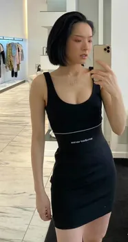 

2020 Spring Summer Letter Jacquard Logo Slim Suspender Dress Women High Waist Low Neck Sheath Short Skirt A2