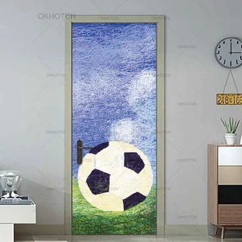 

Football Wall Sticker 3D PVC Door Sticker Abstract Art Mural Decal Football On The Lawn Wallpaper Cartoon Wall Art Gift Stickers