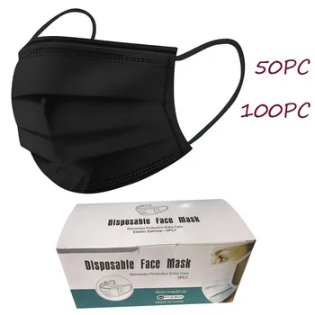 

100/50pc Black Earloop Disposable Face Masks For Mouth Breathable Nonwoven Fabric Dustproof Masker 3 Ply Filter Mascarillas