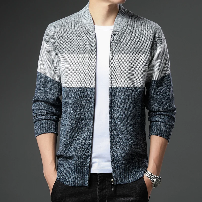 Men's Patchwork Coat Sweater Cardigan Autumn/winter Baseball Collar Jacket Fleece Warm Wool Male Zipper Knitted Jumpers