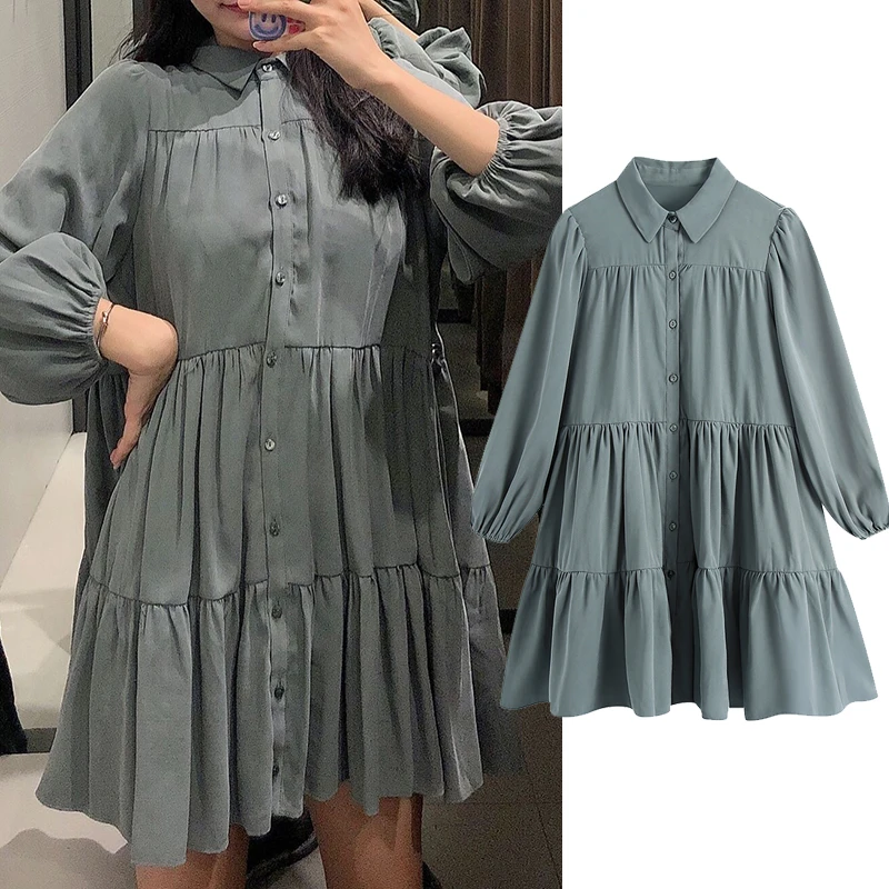 ZA 2020 new Solid color Shirt style dress Turndown Collar long sleeves Woman dress slim waist