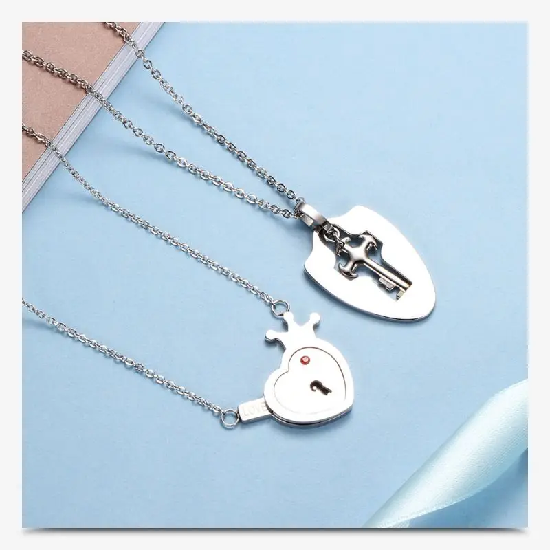 

Lovers Titanium Steel Lock Key Puzzle Pendant Necklace Love Sets Jewelry gift CORD