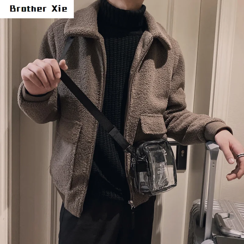 

Winter Plus Velvet Thick Lambskin Jacket Men's Slim Warm Fashion Solid Color Lapel Jacket Man Wild British Style Short Coat
