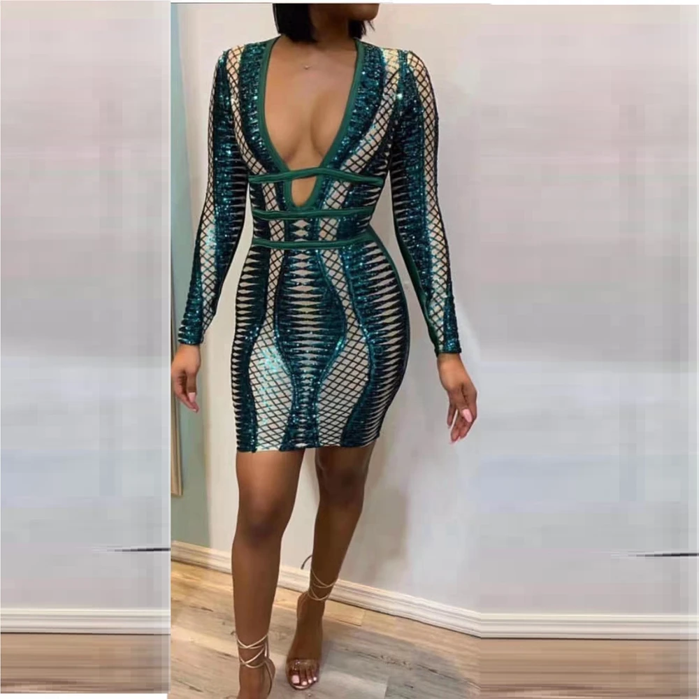 

New Fashion Green Patcwhork Seqy Women Summer Dress 2019 Long Sleeve Mesh Sequin Club Dress Celebrity Party Vestidos Drop ship