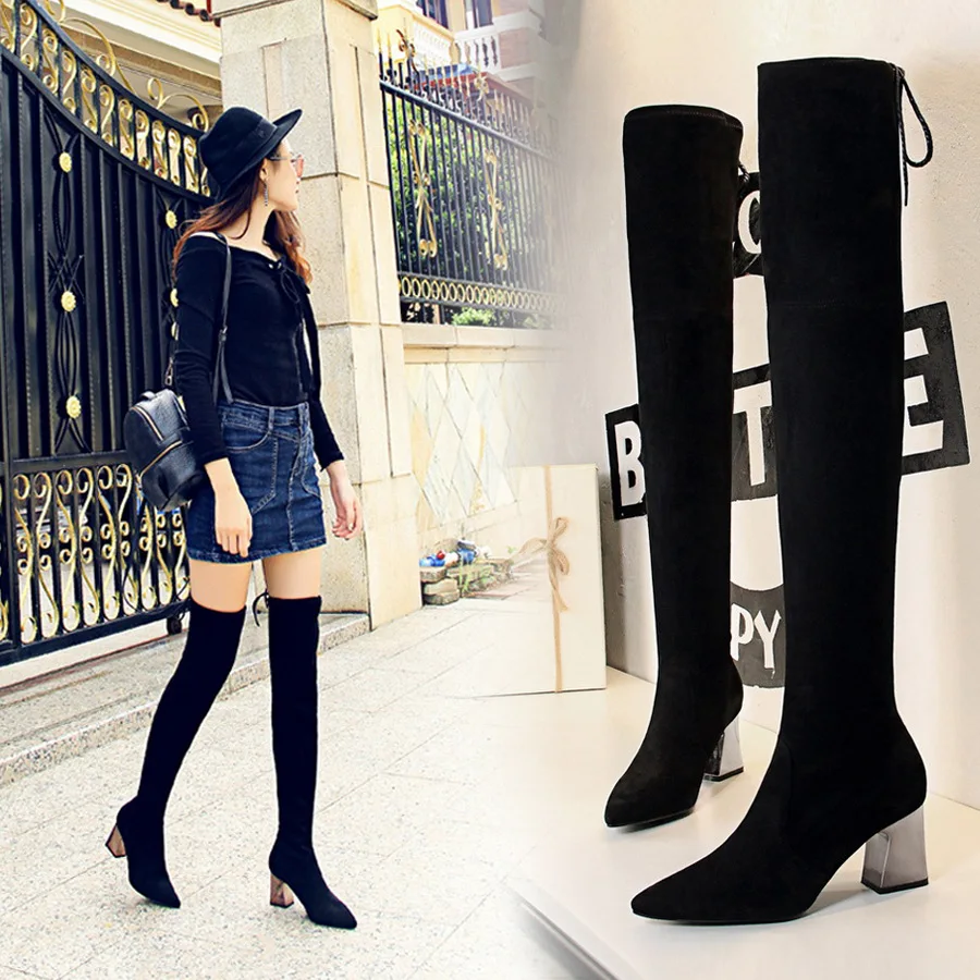 

336-13 Western Style Hose WOMEN'S Boots Thick with High Heels Pointed Toe-Slimming Nightclub Pedicure Over-the-knee Boots