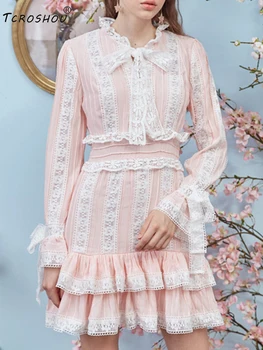 

Heavy craftsmanship applique contrast color lace lace bow tie waist waist multi-level dress ladies new autumn frills tutu skirt