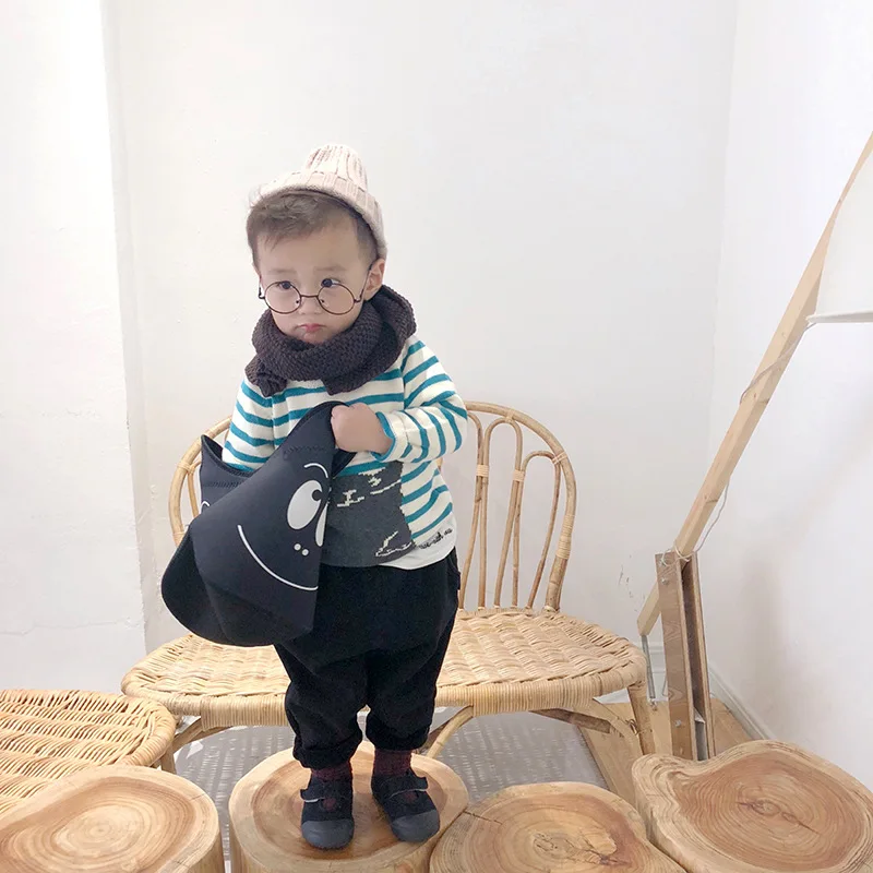 INS/детский вязаный свитер; детская одежда; 18; сезон осень-зима; корейский стиль; свободный свитер в полоску с рисунком; для мужчин и женщин; Chi