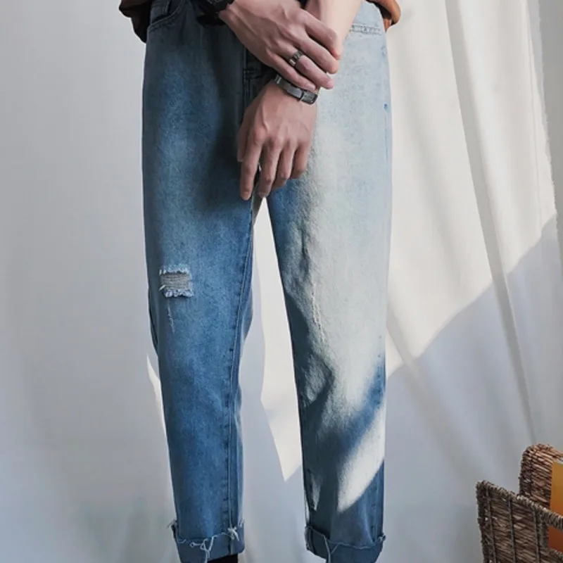 Spring Hole Jeans Men s Slim Fashion Solid Color Casual Retro Jean Pants Men Streetwear Wild 5