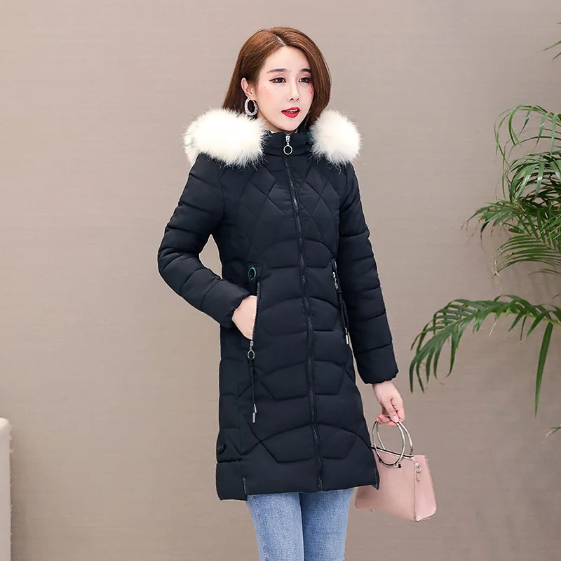 Зимняя куртка Женская Плюс Размер M-3XL искусственный меховой воротник с капюшоном Толстая зимняя одежда пуховик для женщин зимнее пальто женские тонкие парки - Цвет: Черный