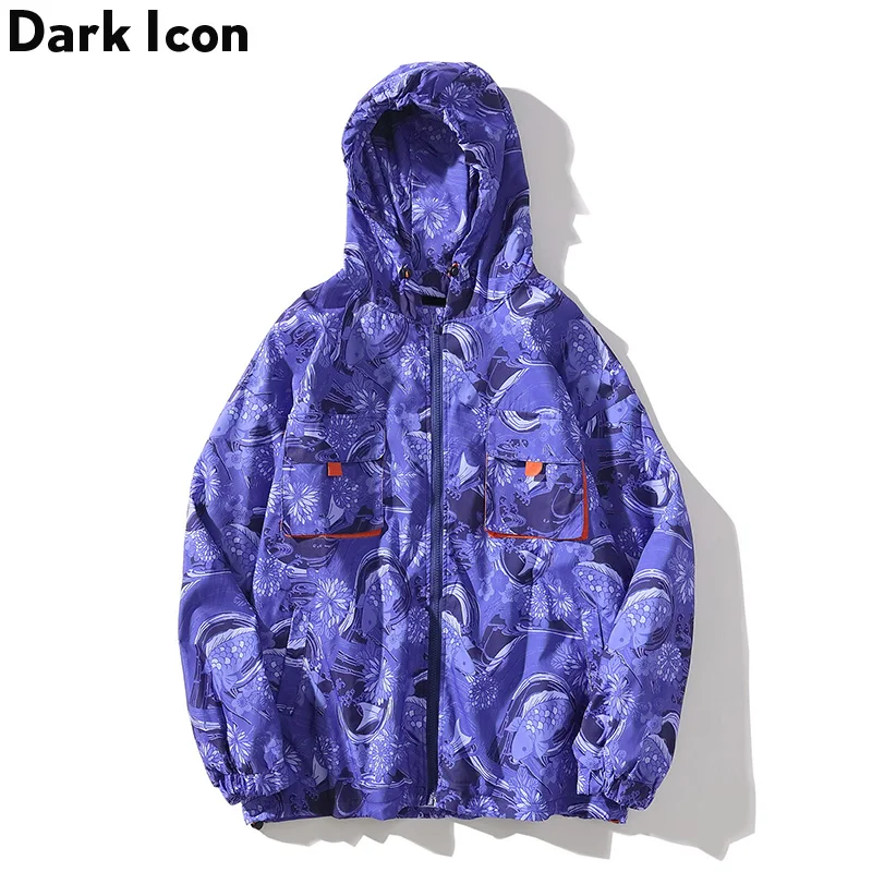 

Dark Icon Fish Printing Stereo Pockets Thin Jacket Men 2019 Spring Autumn Mens Jacket With Hoodies Hooded Jackets for Men