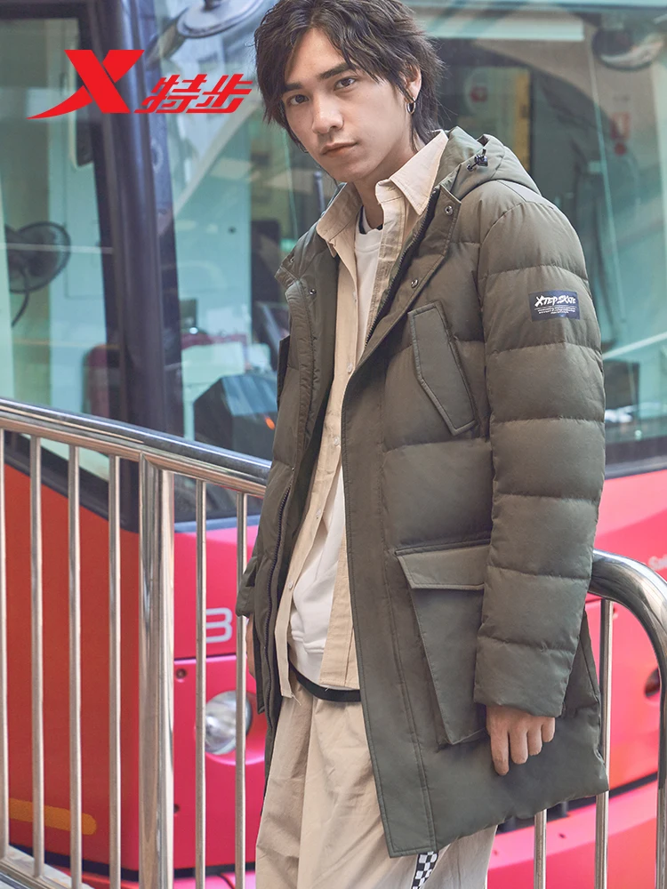 Xtep мужская длинная теплая куртка с капюшоном, мужские утепленные куртки, ветрозащитная домашняя куртка на утином пуху, Мужская зимняя 881429199072