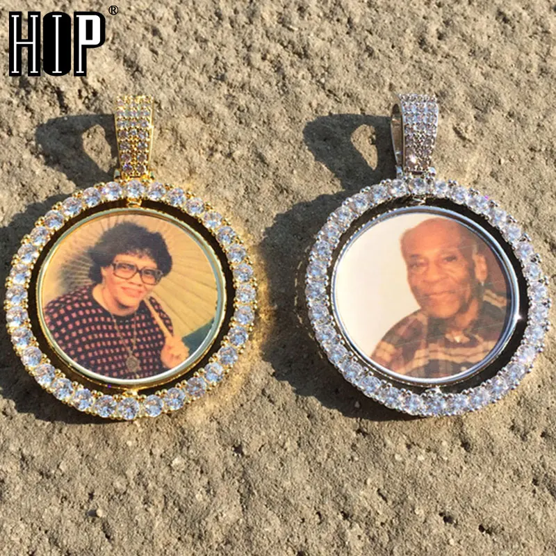 

Hip Hop Round Rotating Double-sided Iced Out Bling Custom Made Photo Cubic Zircon Necklace&Pendant For Men Jewelry Tennis Chain