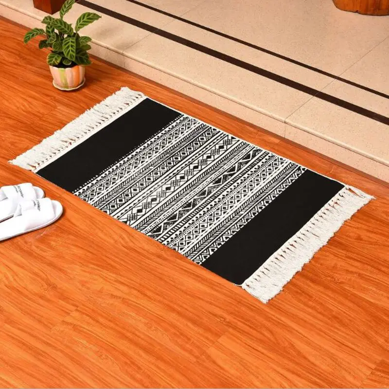 

black geometric rug tassel boho carpet cotton linen kitchen bedroom door floor mat doormat