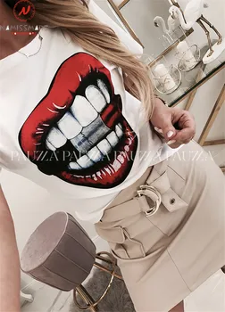 

Fashion Women Summer Casual T-Shirts O-Neck Short Sleeve Big Mouth Teeth Print Pullovers Top for Streetwear