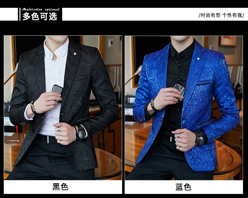 Black Blazer Men Autumn Slim Fit Mens Casual Blue Blazer Coats Sylish Stage Clothing Party Prom Suit Jacket